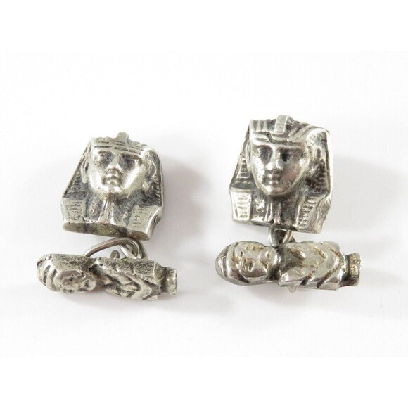 Art Deco King Tut Egyptian Revival 900 Silver Cufflink Set with Chain Linked Mum - Picture 1 of 8